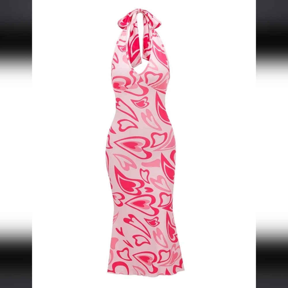 Barbie! Heart print halter midi dress backless pink y2k medium